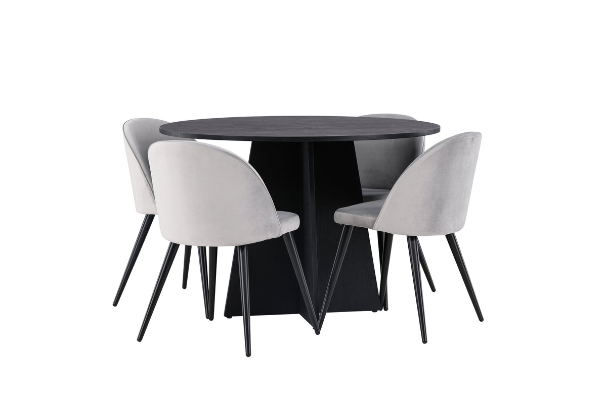 Bootcut Matbord med Velvet Stolarna – Bord: ⌀110 Stol: 57x76,5x50