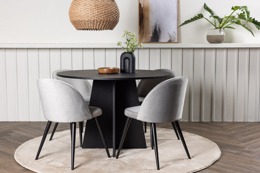 Bootcut Matbord med Velvet Stolarna – Bord: ⌀110 Stol: 57x76,5x50