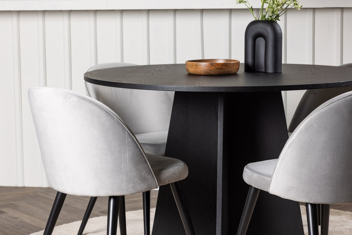 Bootcut Matbord med Velvet Stolarna – Bord: ⌀110 Stol: 57x76,5x50