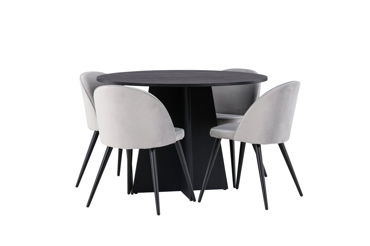 Bootcut Matbord med Velvet Stolarna – Bord: ⌀110 Stol: 57x76,5x50
