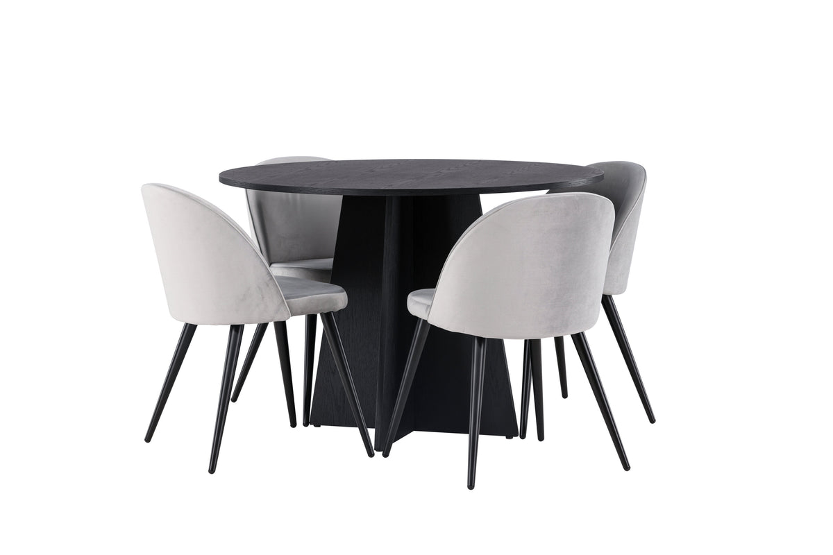 Bootcut Matbord med Velvet Stolarna – Bord: ⌀110 Stol: 57x76,5x50