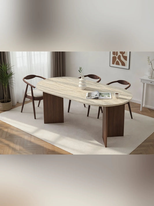 Sablin Ovalt matbord 180 cm - Travertine, Milano Walnut