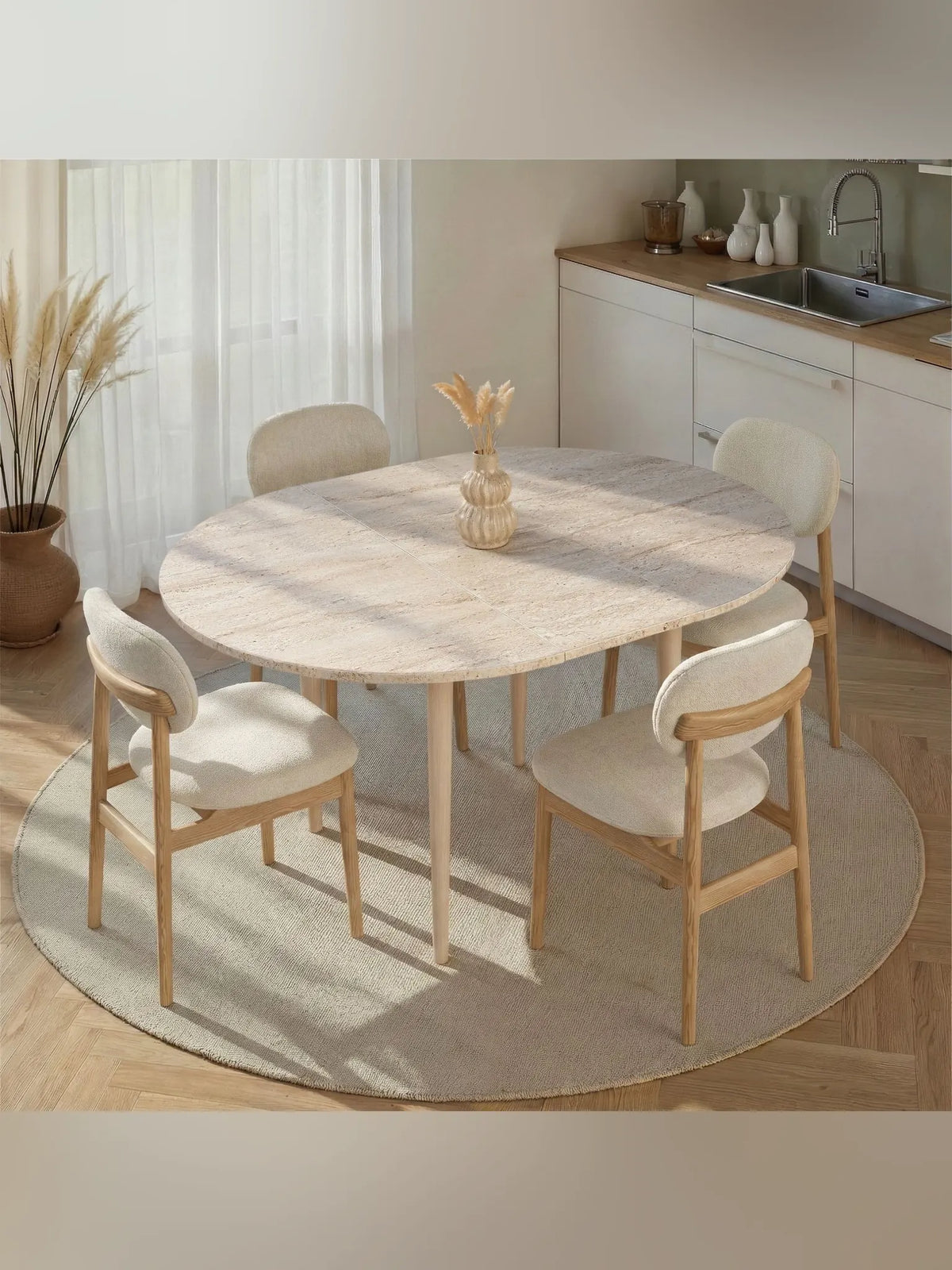 Viona Runt matbord - Förlängningsbar - Travertine, Oak