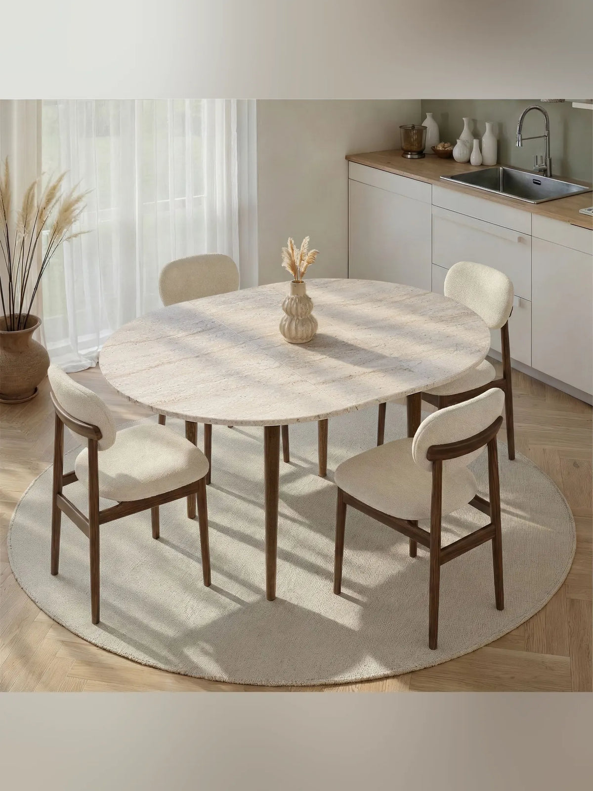 Viona Runt matbord 131x100 cm- Förlängningsbar - Travertine, Walnut