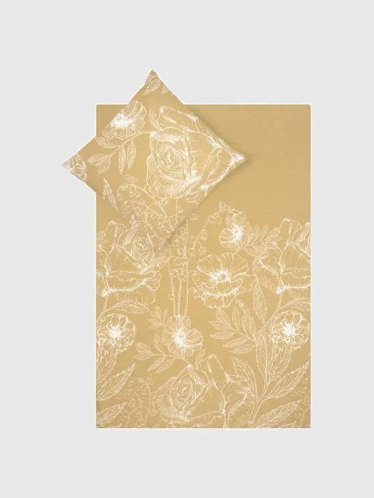 Sänglinne med blommönster - Senapsgul/Vit
